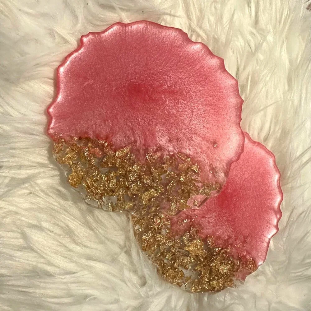 2-Piece Handmade Pink & Gold Resin Agate Coasters Glam Glitter Gift Home Decor